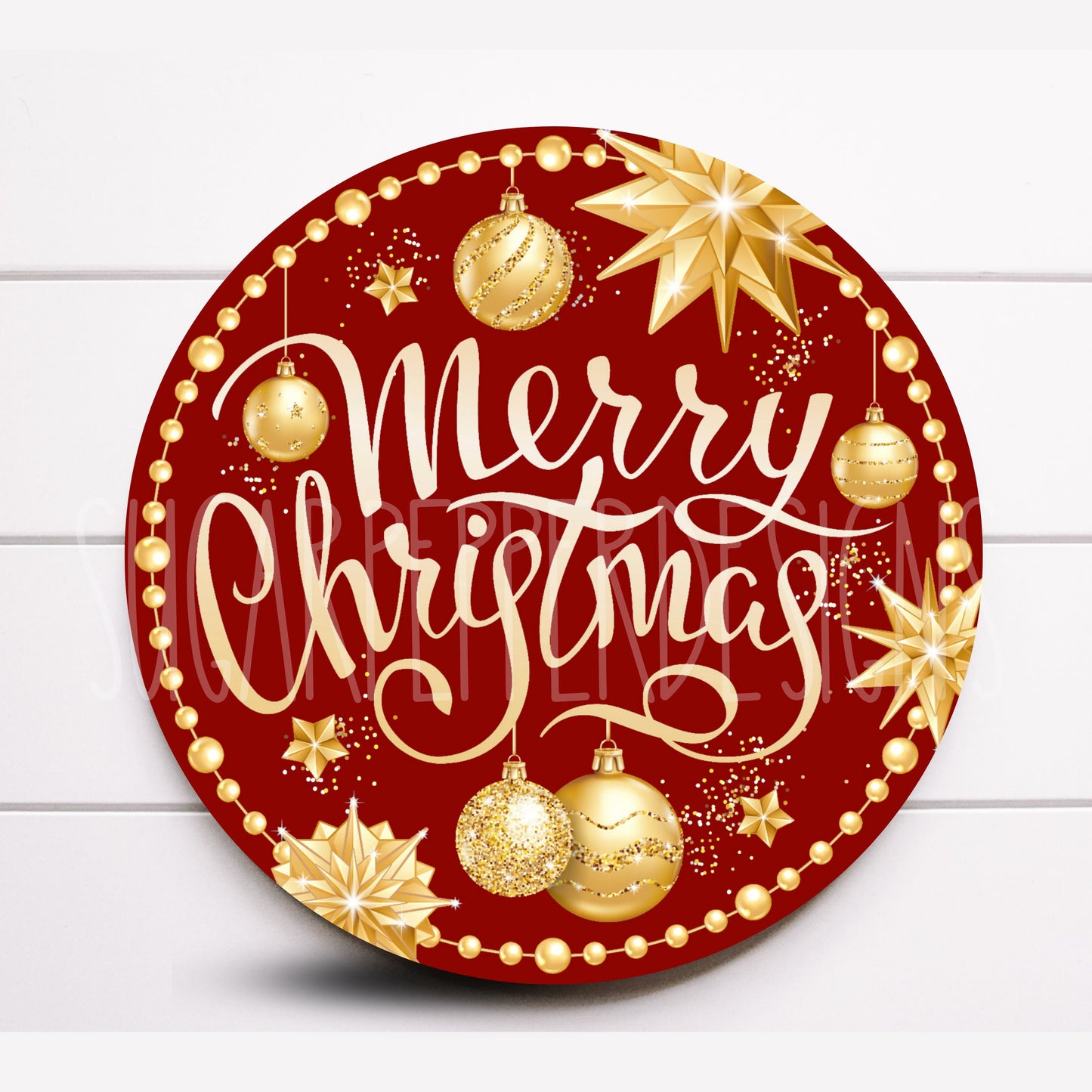 Wreath Sign, Round Red and Gold Merry Christmas Wreath Sign, Metal Wreath Sign, Sugar Pepper Designs, Sign For Wreath,