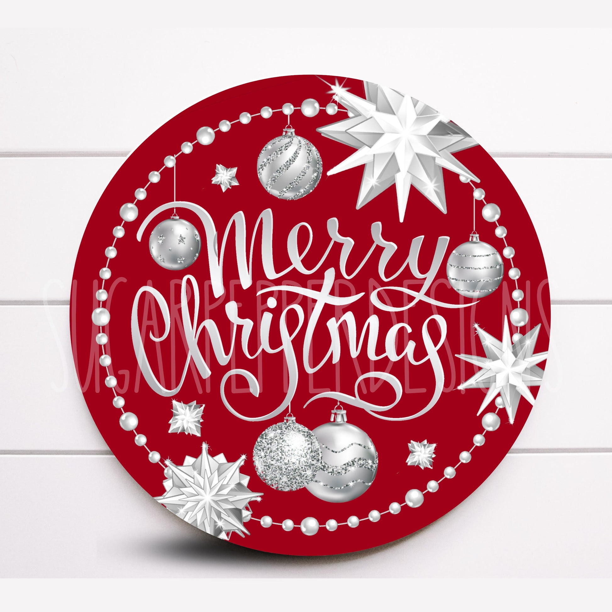 Wreath Sign, Round Red and Silver Merry Christmas Wreath Sign, Metal Wreath Sign, Sugar Pepper Designs, Sign For Wreath,