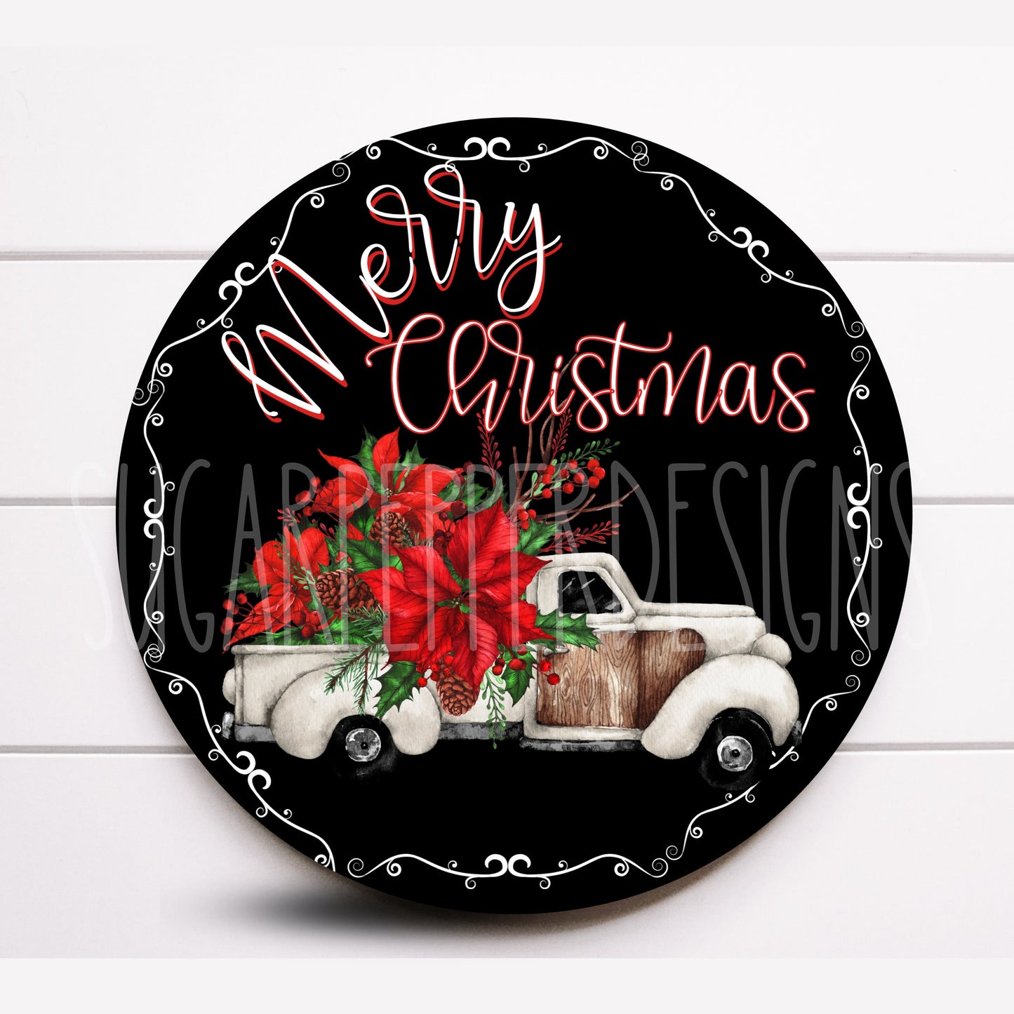 Wreath Sign, Christmas Truck Wreath Sign, Poinsettia Christmas Wreath Sign, Metal Wreath Sign, Sugar Pepper Designs, Sign For Wreath,