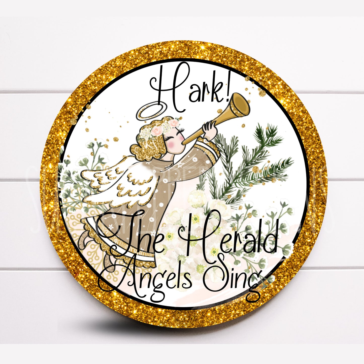 Wreath Sign, Angel Wreath Sign, Gold Christmas Round Metal Wreath Sign, Sugar Pepper Designs, Sign For Wreath