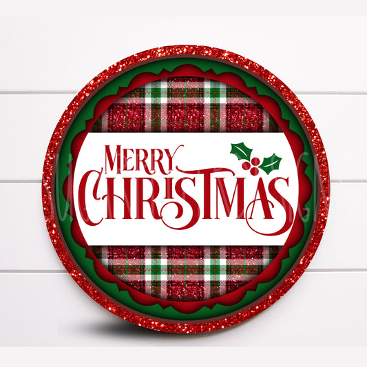 Wreath Sign, Merry Christmas Tartan Plaid Round Metal Wreath Sign, Traditional Christmas Wreath Sign, Sugar Pepper Designs, Sign For Wreath