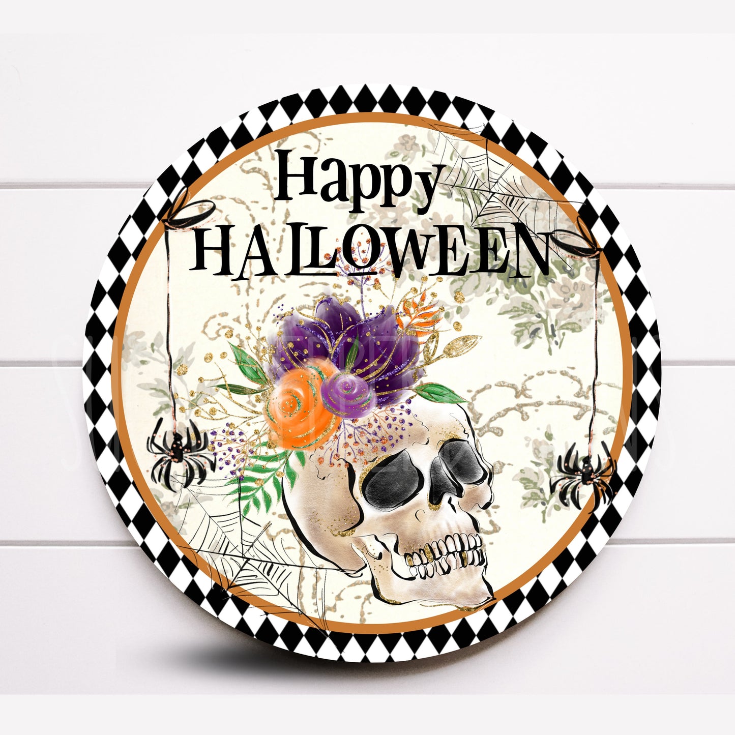 Wreath Sign, Harlequin Halloween Skull Wreath Sign, Attachment, Halloween decoration, Happy Halloween Sign, Wreath decor