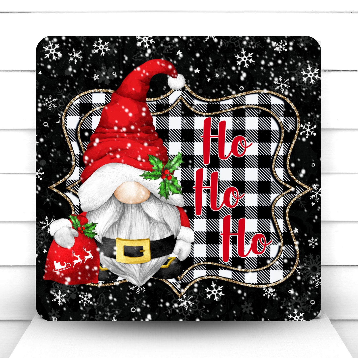 Wreath Sign, Ho Ho Ho Gnome Christmas Sign, Holiday Gnome Buffalo Plaid Sign, Sugar Pepper Designs, Sign For Wreath