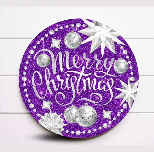 Wreath Sign, Round Purple and Silver Merry Christmas Wreath Sign, Metal Wreath Sign, Sugar Pepper Designs, Sign For Wreath