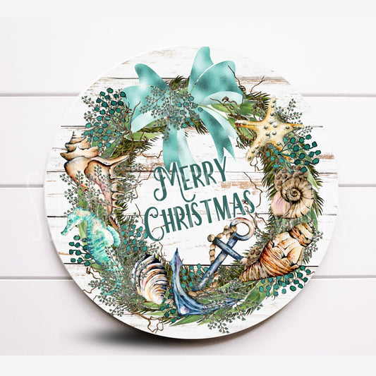 Wreath Sign, Beach Merry Christmas Wreath Sign, Coastal Christmas Metal Sign, Sign For Wreath, Sugar Pepper Designs, Coastal Decor