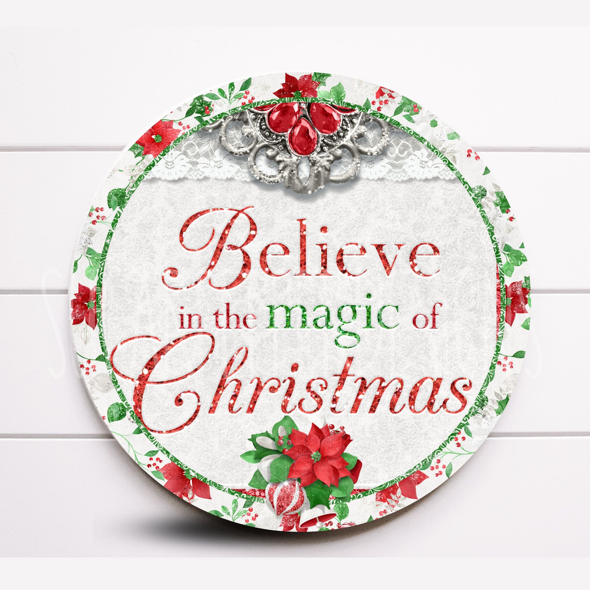 Wreath Sign, Believe In the Magic Christmas Wreath Sign, Christmas Wreath Sign, Round Metal Sign, Choose your size, Sugar Pepper Designs,