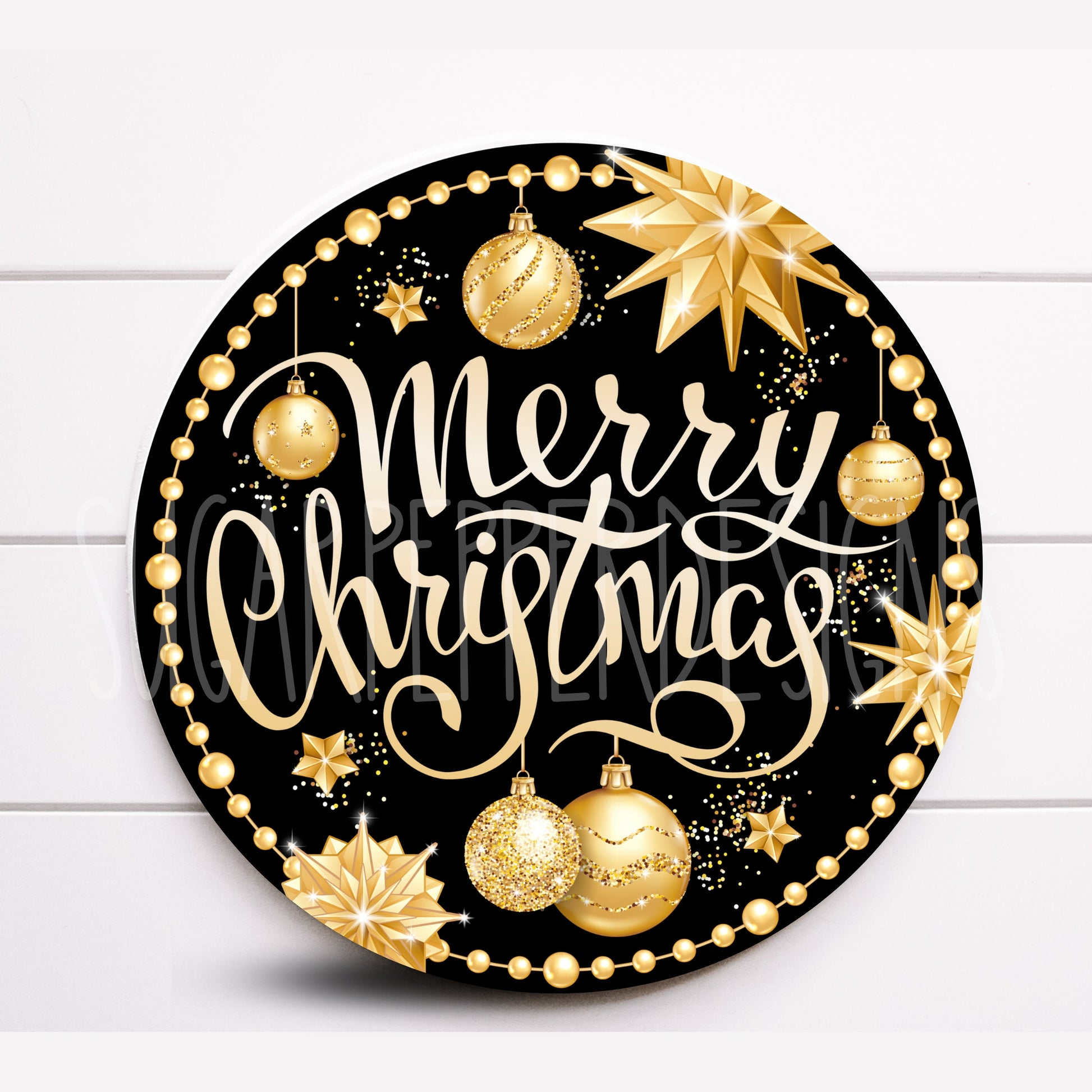 Wreath Sign, Round Black and Gold Merry Christmas Wreath Sign, Metal Wreath Sign, Sugar Pepper Designs, Sign For Wreath