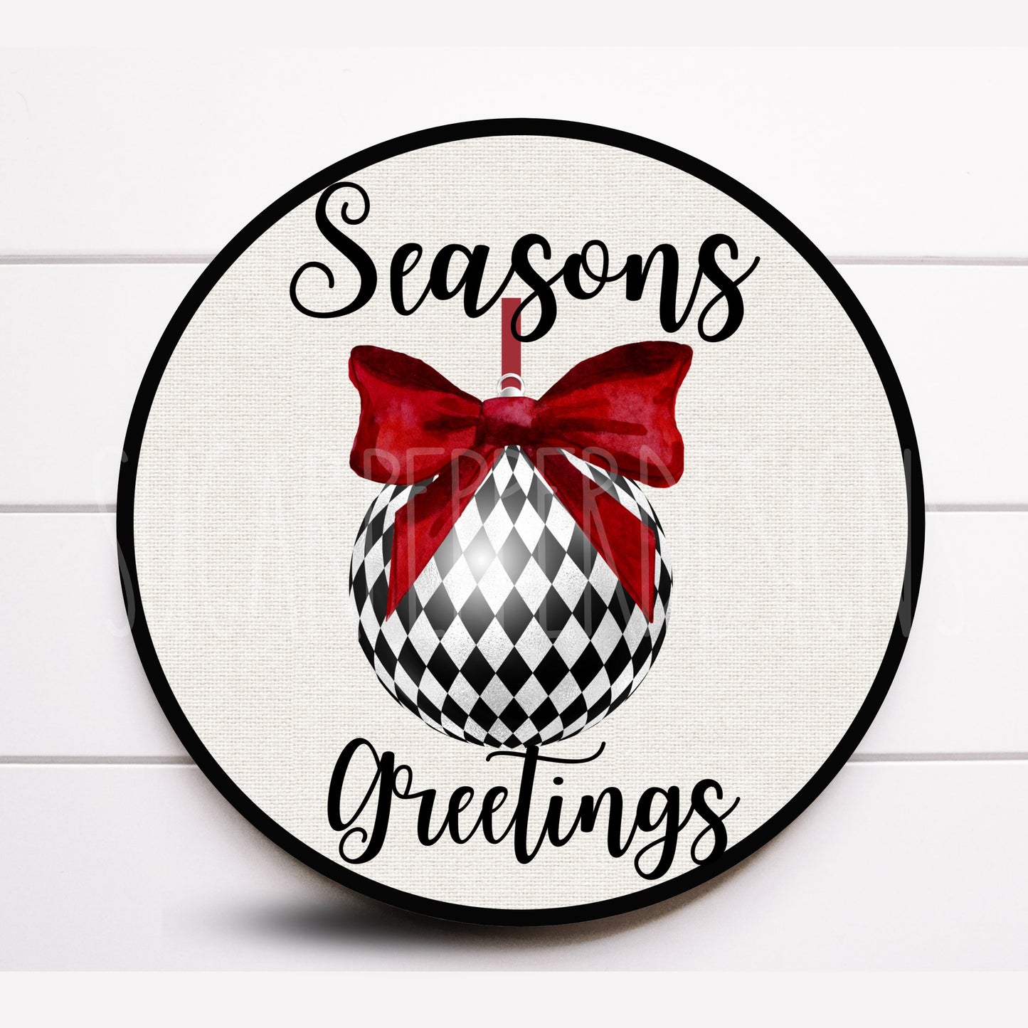 Wreath Sign, Seasons Greeting Harlequin Christmas Ornament Round Metal Wreath Sign, Sugar Pepper Designs, Sign for Wreath