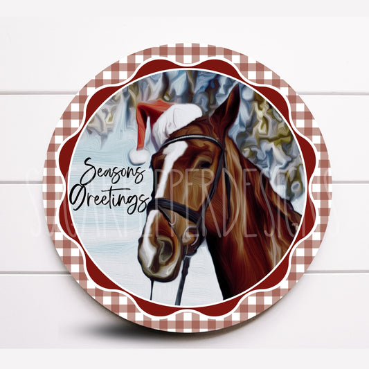 Wreath Sign, Christmas Season’s Greetings Horse Wreath Sign, Round Metal Sign, Sugar Pepper Designs, Sign For Wreath