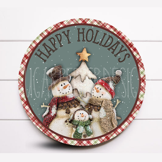 Wreath Sign, Happy Holidays Snowman Round Metal Wreath Sign, Sugar Pepper Designs, Sign For Wreath