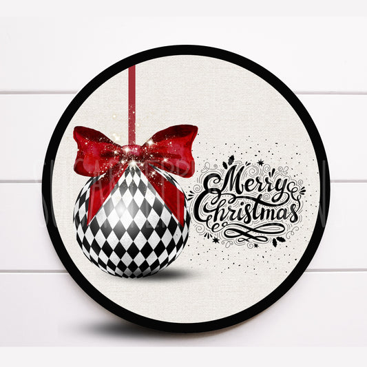 Wreath Sign, Merry Christmas Harlequin Christmas Ornament Round Metal Wreath Sign, Sugar Pepper Designs, Sign for Wreath