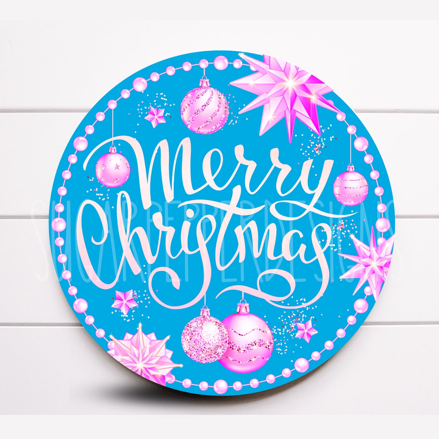 Wreath Sign, Round Ice Blue and Pink Merry Christmas Wreath Sign, Metal Wreath Sign, Sugar Pepper Designs, Sign For Wreath,