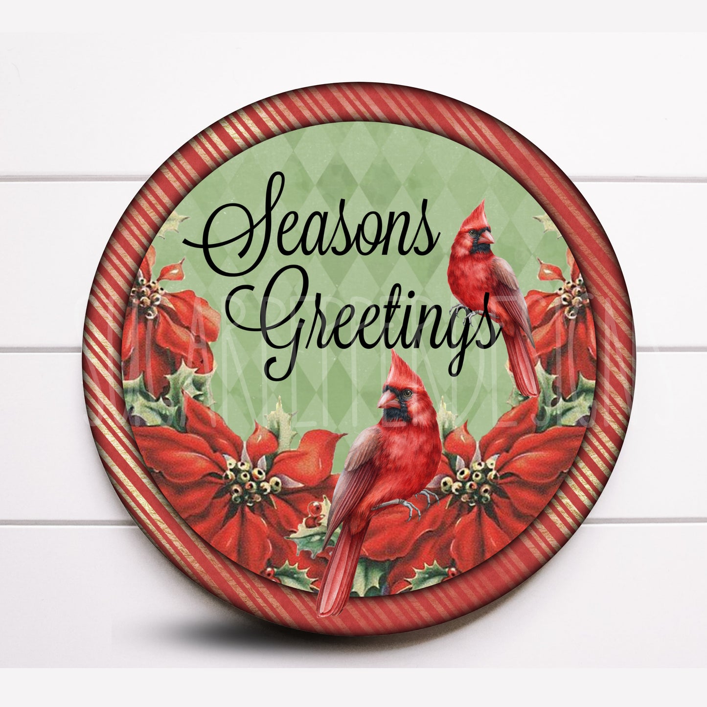 Wreath Sign, Season’s Greeting Red Cardinal Round Metal Wreath Sign, Sugar pepper Designs, Sign for Wreath