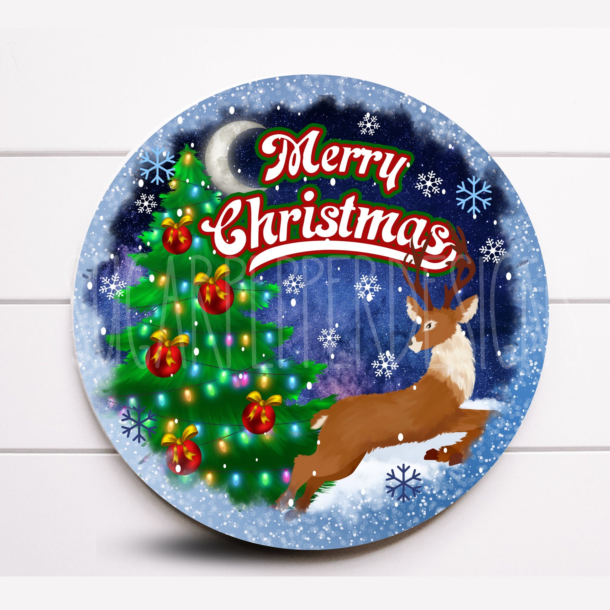 Wreath Sign, Merry Christmas Reindeer Round Metal Sign, Sugar Pepper Designs, Sign For Wreath, Deco Mesh Wreath