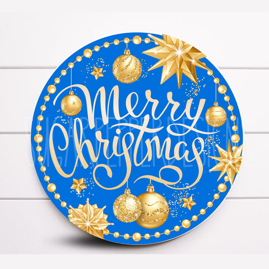 Wreath Sign, Round Blue and Gold Merry Christmas Wreath Sign, Metal Wreath Sign, Sugar Pepper Designs, Sign For Wreath,