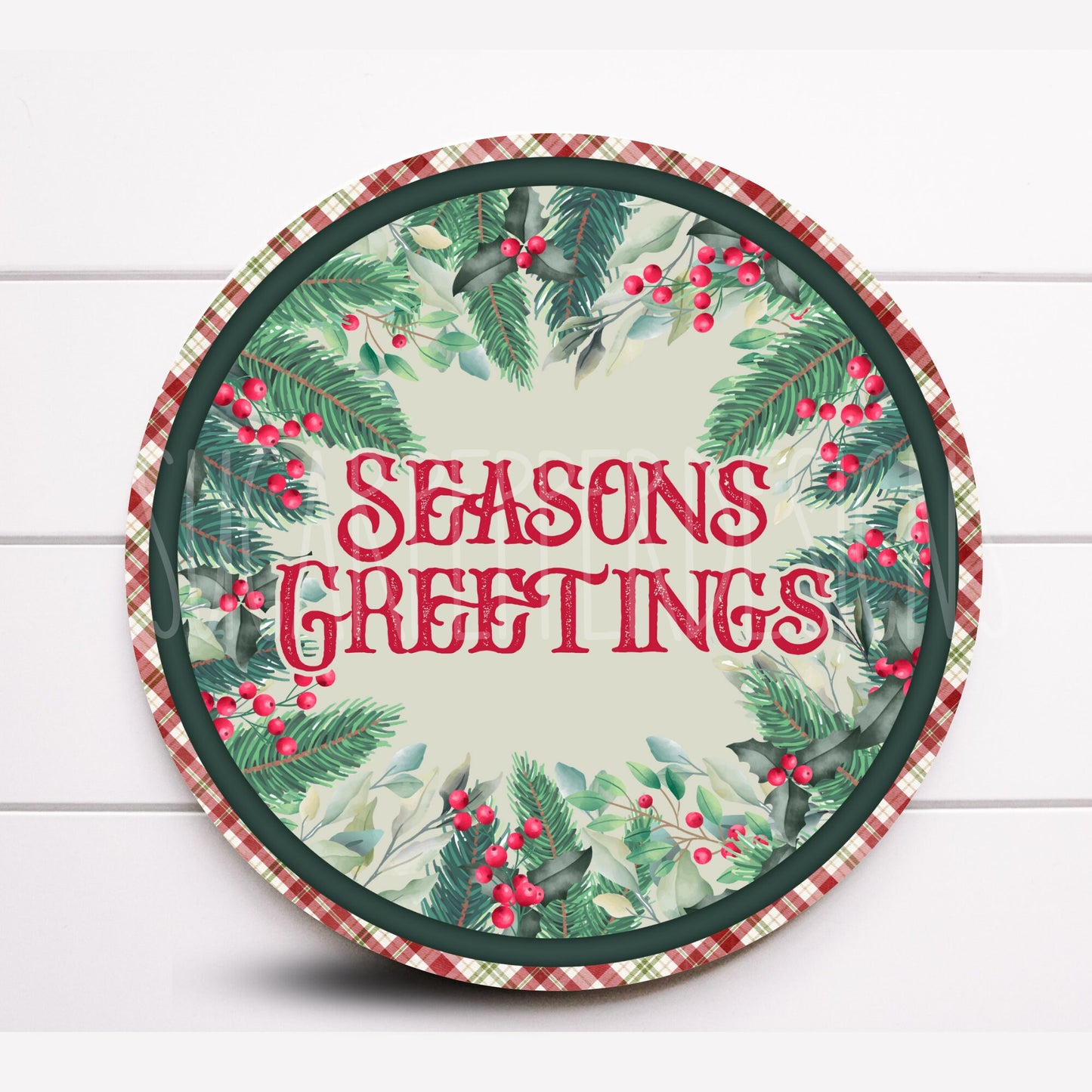 Wreath Sign, Season’s Greeting Holly and Berries Round Metal Wreath Sign, Sugar Pepper Designs, Sign For Wreath