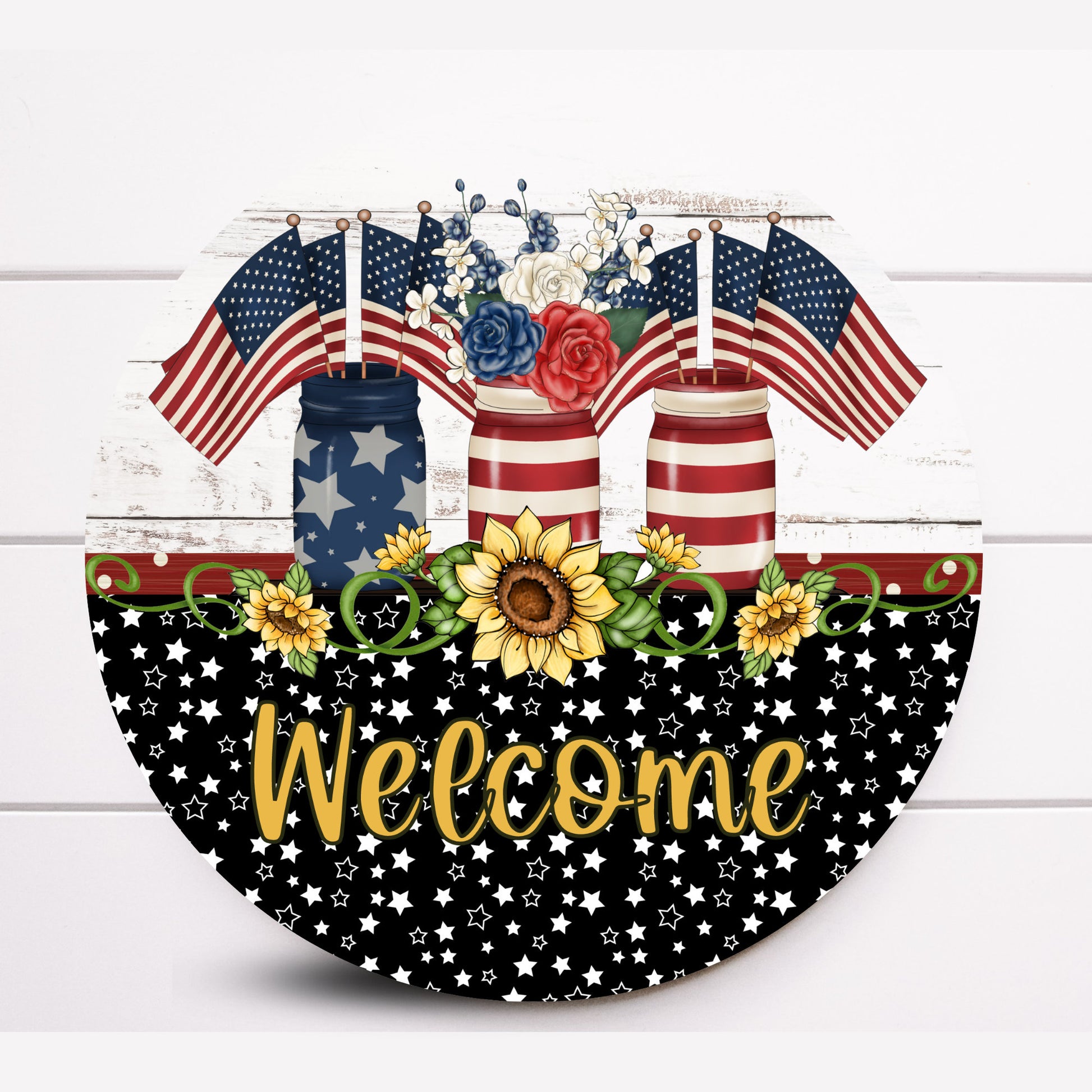 Wreath Sign, Welcome Mason Jar Round Fourth Of July Wreath Sign, Patriotic Wreath Sign, Sugar Pepper Designs, Sign For Wreath, Door Decor