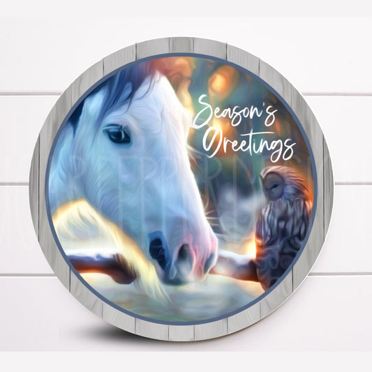 Wreath Sign, Horse and Owl Season’s Greetings Wreath Sign, Round Metal Sign Woodland Wreath Sign, Sugar Pepper Designs, Sign For Wreath