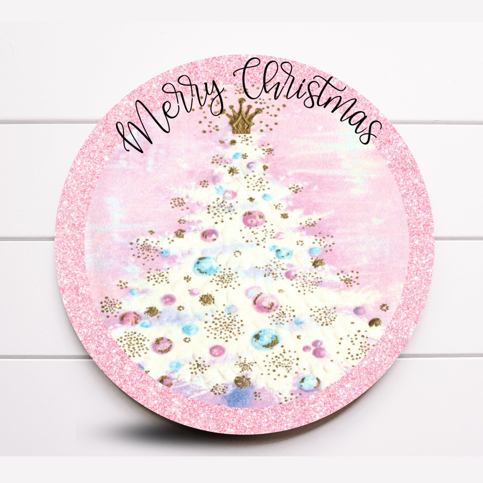 Wreath Sign, Round Pink Retro Merry Christmas Wreath Sign, Metal Wreath Sign, Sugar Pepper Designs, Sign For Wreath