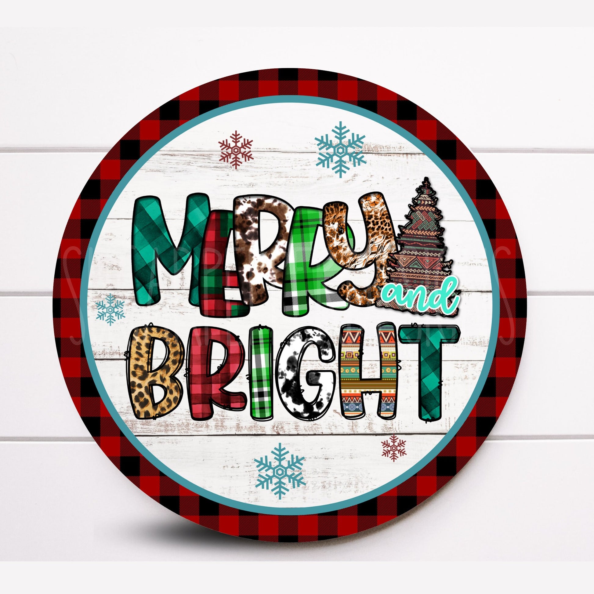 Wreath Sign, Merry and Bright Round Metal Christmas Wreath Sign, Sugar Pepper Designs, Sign for Wreath