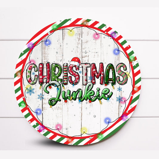 Wreath Sign, Christmas Junkie Round Metal Christmas Wreath Sign, Sugar Pepper Designs, Sign for Wreath