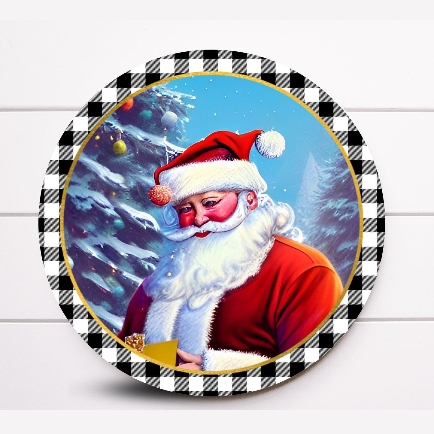 Wreath Sign, Beautiful Santa Claus Round Metal Christmas Wreath Sign, Sugar Pepper Designs, Sign for Wreath, Choose Your Size