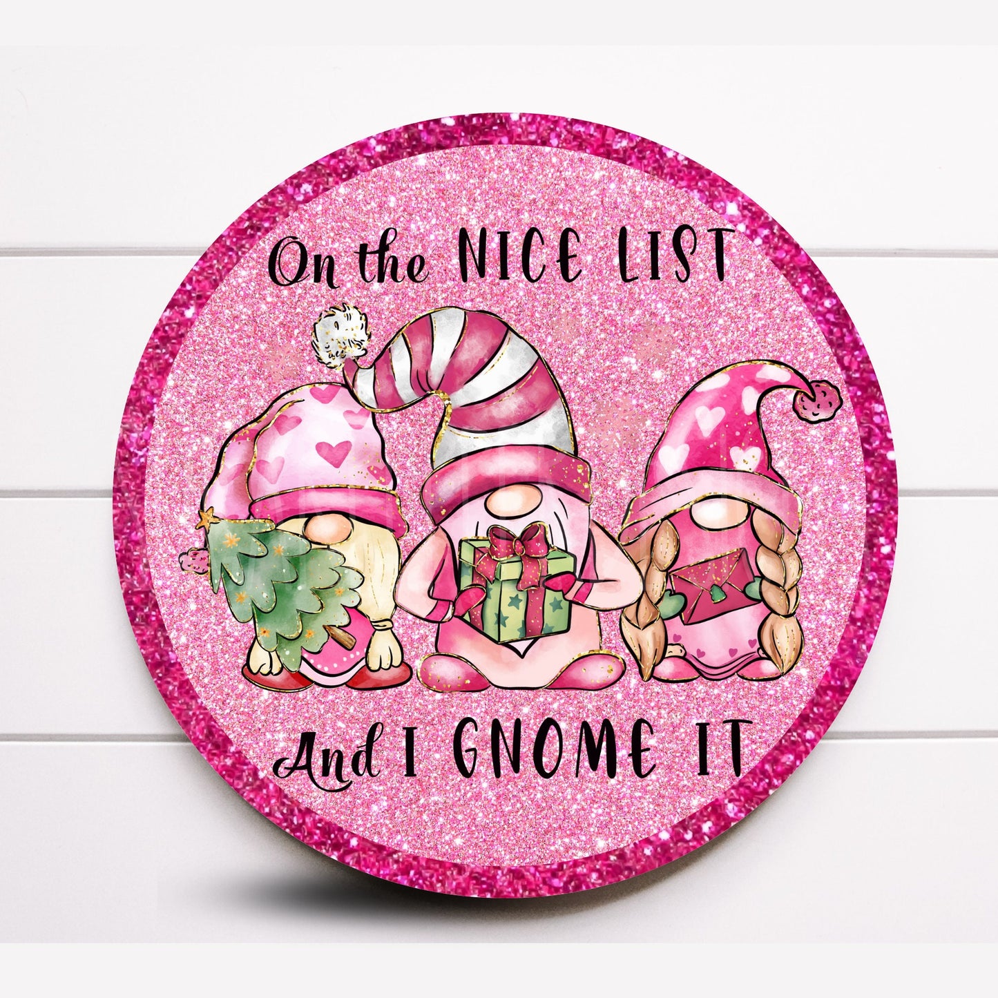 Wreath Sign, Pink Christmas Gnome Round Metal Wreath Sign, Sugar Pepper Designs, Sign for Wreath, Choose Your Size