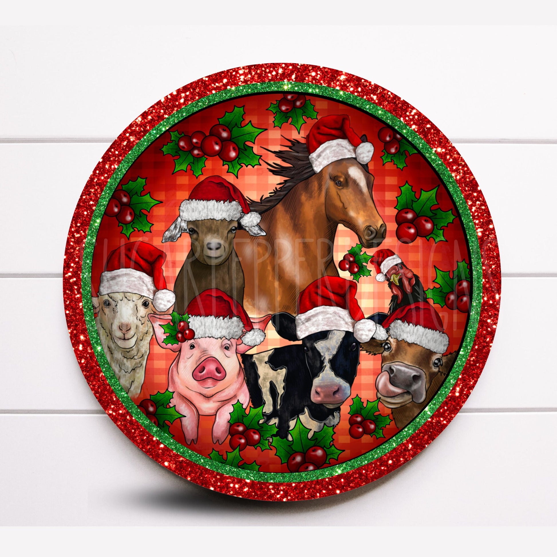 Wreath Sign, Farm Animal Christmas, Cow, Horse. Christmas Wreath Sign, Round Metal Sign, Choose Size, Sugar Pepper Designs, Sign For Wreath