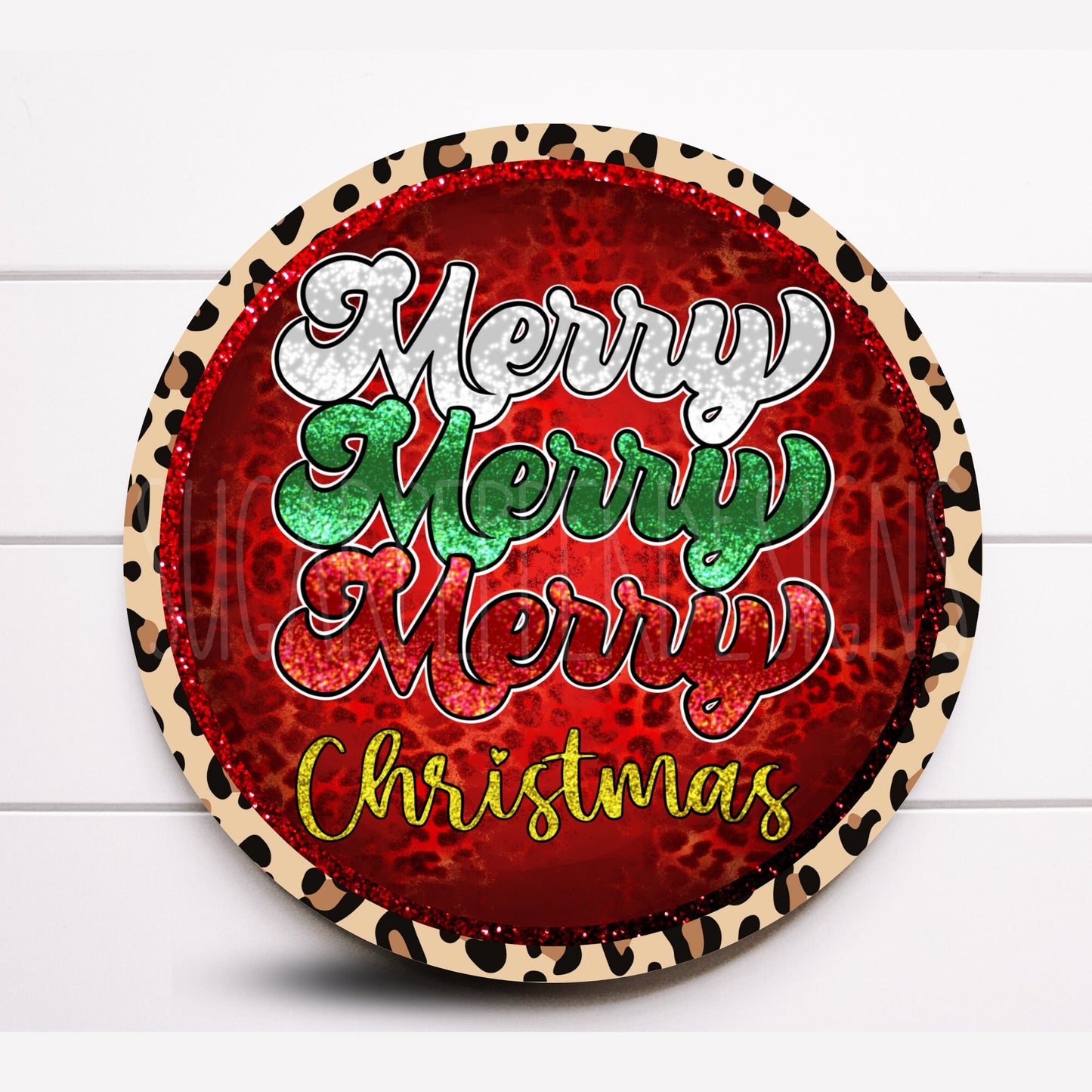 Wreath Sign, Retro Leopard Merry Christmas Wreath Sign, Round Metal Sign, Choose your size, Sugar Pepper Designs, Sign For Wreath