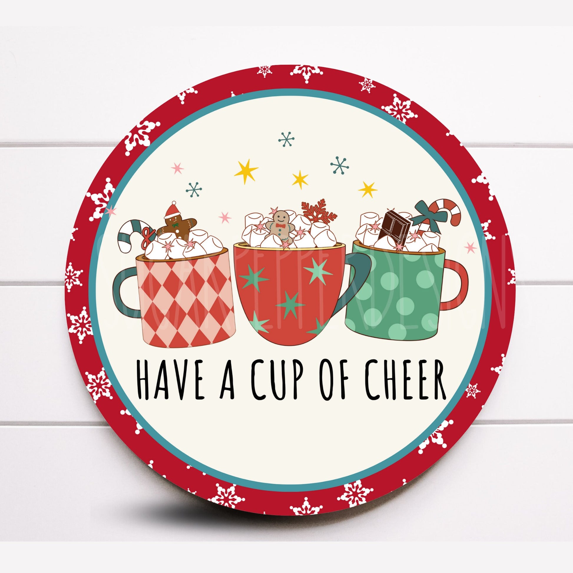 Wreath Sign, Cup of Cheer Round Metal Christmas Wreath Sign, Sugar Pepper Designs, Sign for Wreath