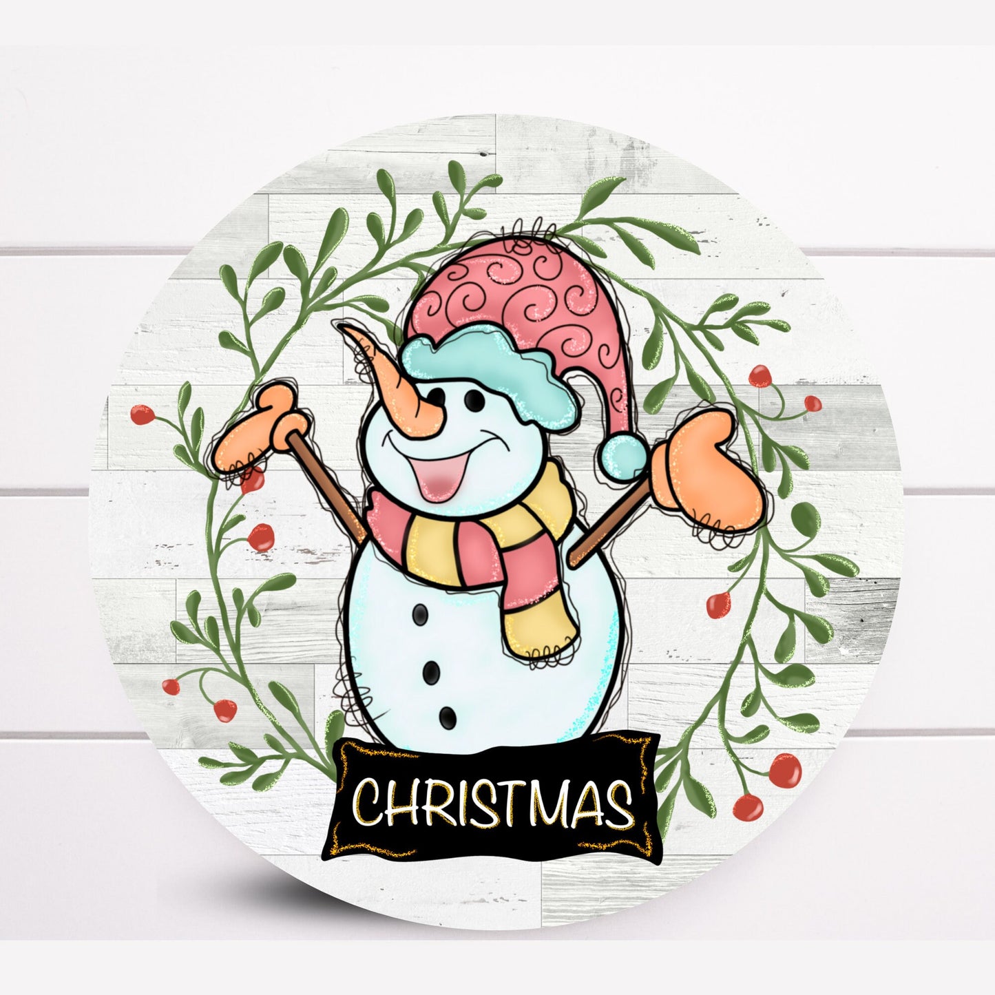 Wreath Sign, Merry Christmas Snowman Round Metal Christmas Wreath Sign, Sugar Pepper Designs, Sign for Wreath