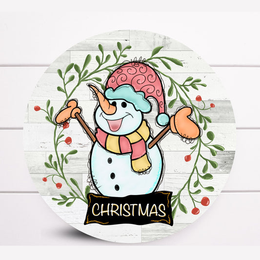 Wreath Sign, Merry Christmas Snowman Round Metal Christmas Wreath Sign, Sugar Pepper Designs, Sign for Wreath