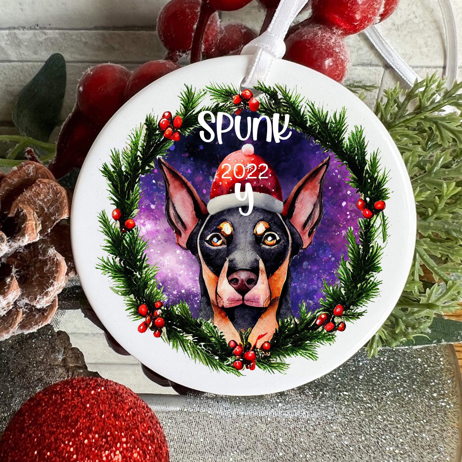 Doberman Christmas Ornament, Doberman Ornament, Doberman Ornament Floppy Ears, Doberman Custom, Sugar Pepper Designs, Personalized Pet Gift