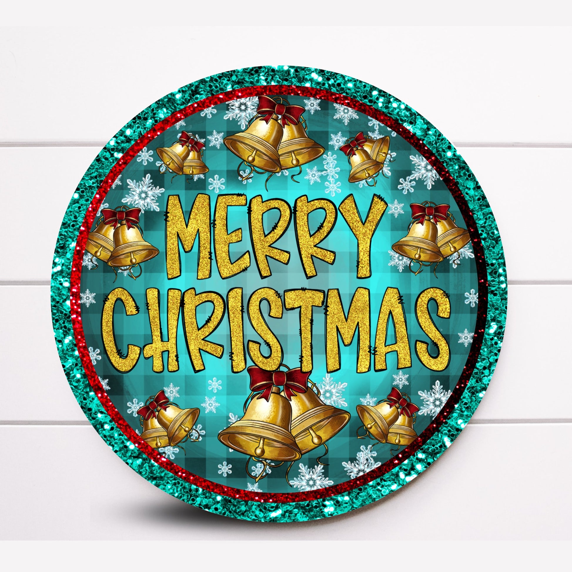 Wreath Sign, Blue and Gold Bells Merry Christmas Wreath Sign, Christmas Wreath Sign, Round Metal Sign, Sugar Pepper Designs, Sign For Wreath