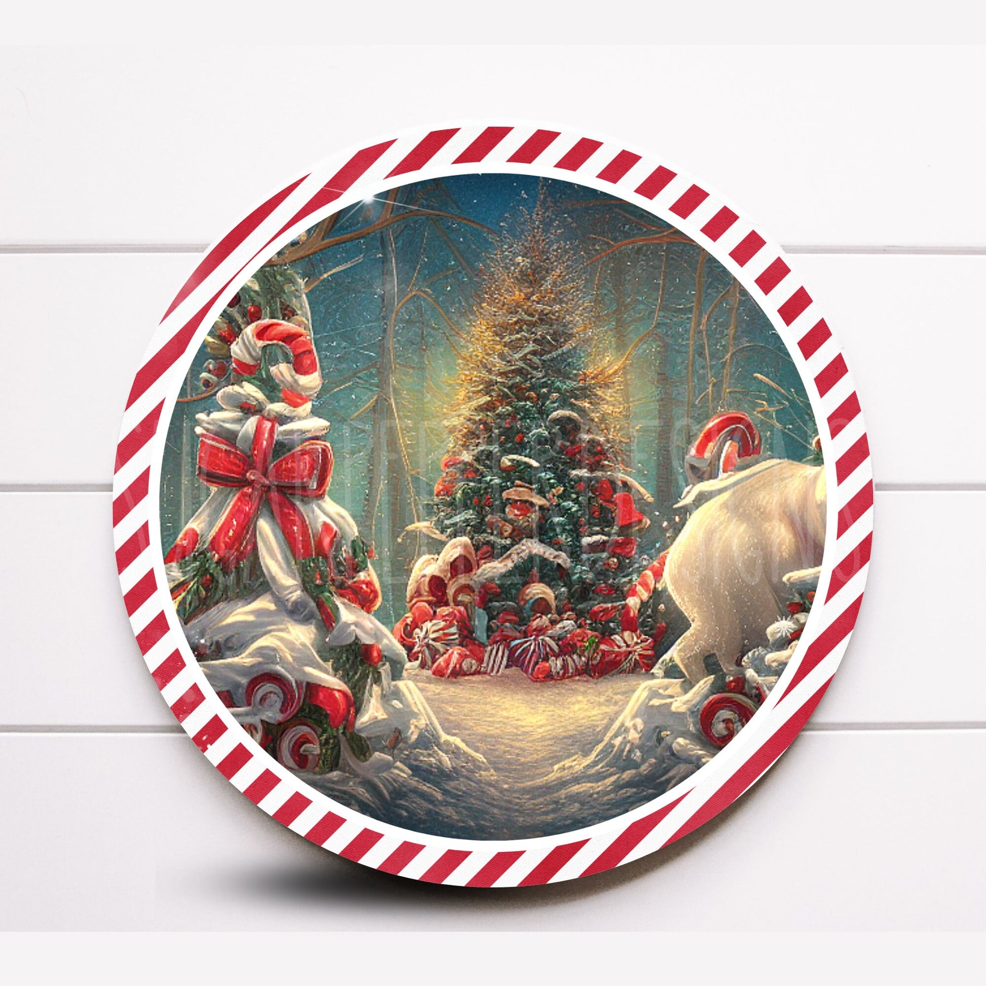 Wreath Sign, Round Striped Beautiful Christmas Tree Scene Wreath Sign, Metal Wreath Sign, Sugar Pepper Designs, Sign For Wreath,