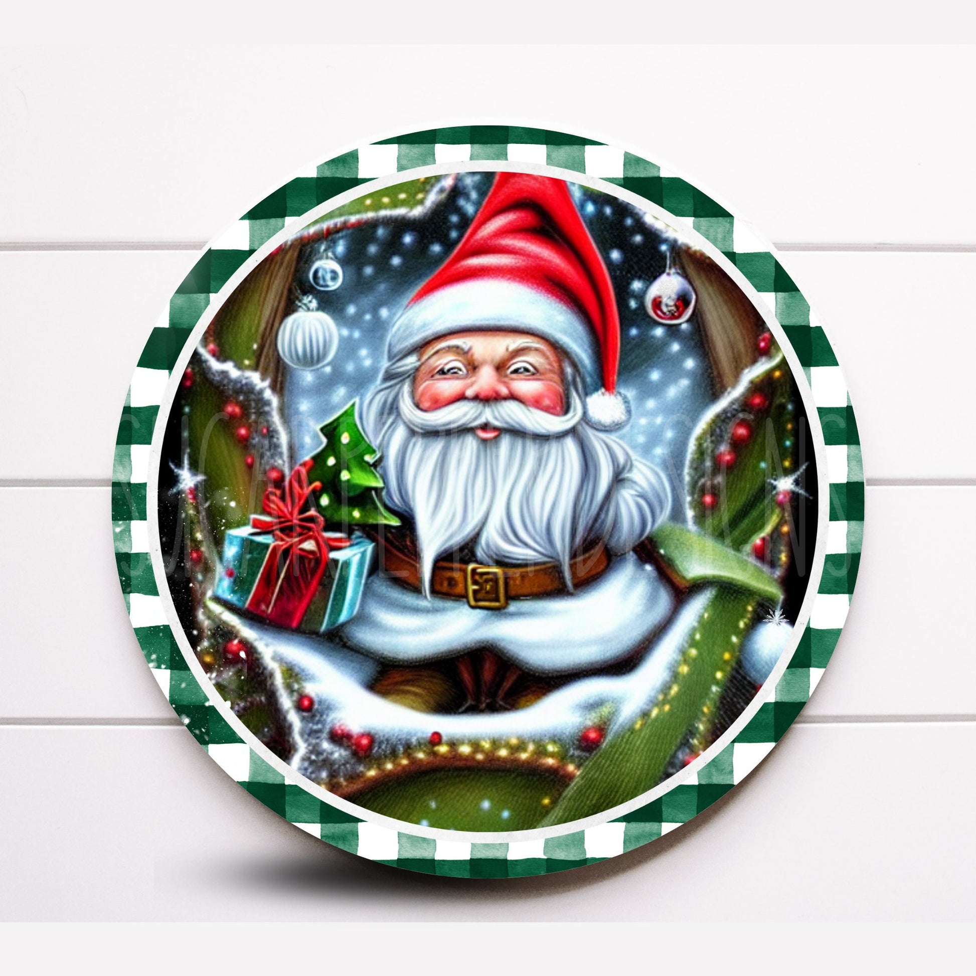 Wreath Sign, Round Green and Red Gnome Christmas Wreath Sign, Metal Wreath Sign, Sugar Pepper Designs, Sign For Wreath, Cute Gnome Sign