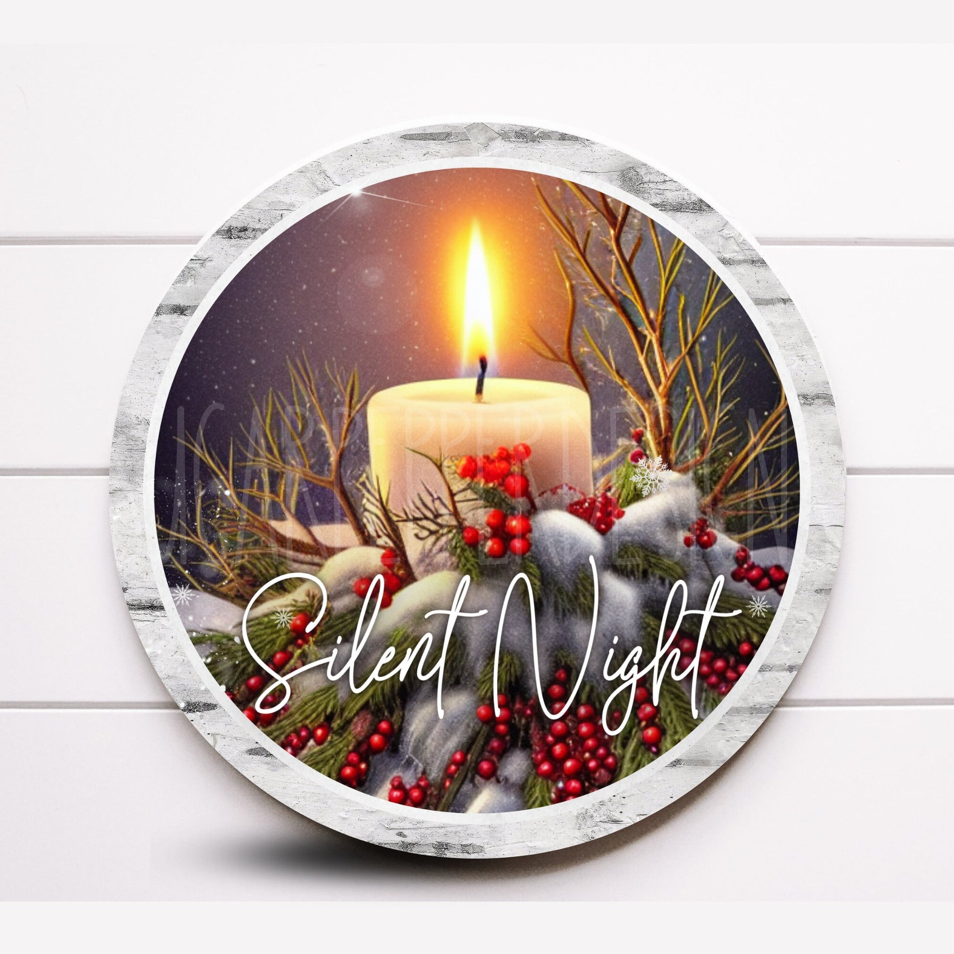 Wreath Sign, Round Silent Night Candle Wit Red Berries Christmas Wreath Sign, Metal Wreath Sign, Sugar Pepper Designs, Sign For Wreath, Door