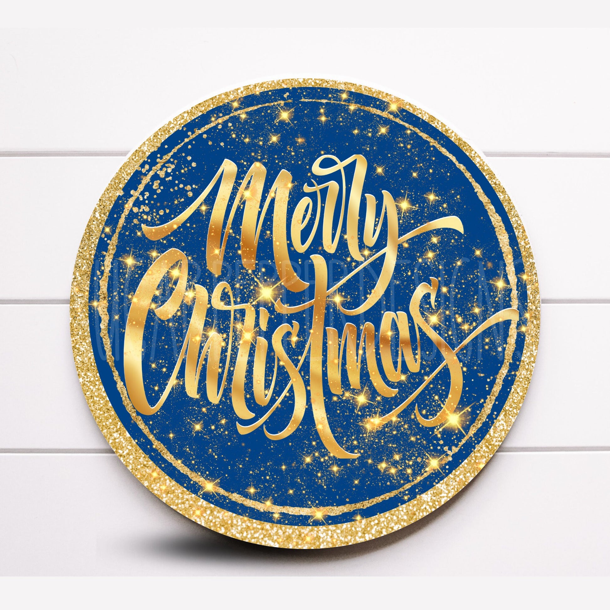 Wreath Sign, Round Blue and Gold Merry Christmas Wreath Sign, Metal Wreath Sign, Sugar Pepper Designs, Sign For Wreath,