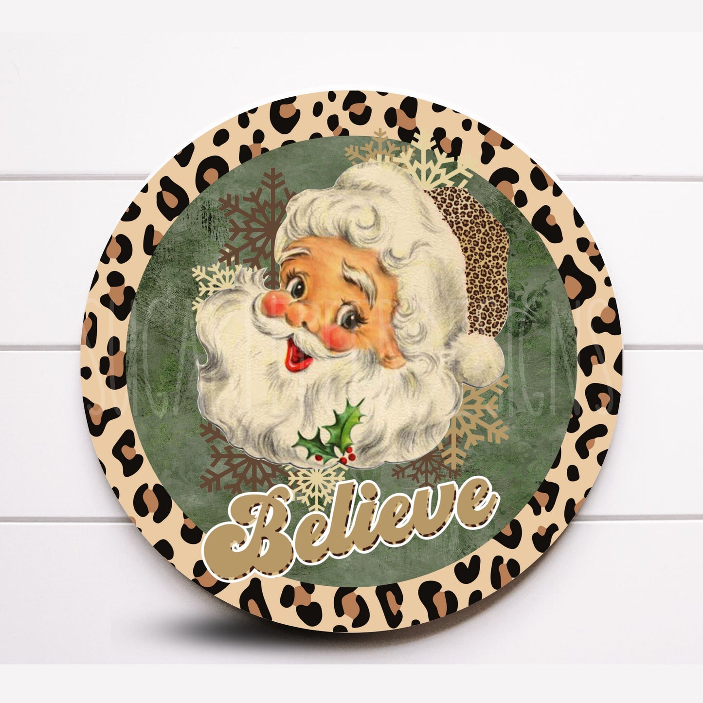 Wreath Sign, Believe Santa Claus Leopard Christmas Sign, Christmas Wreath Sign, Sugar Pepper Designs, Sign For Wreath