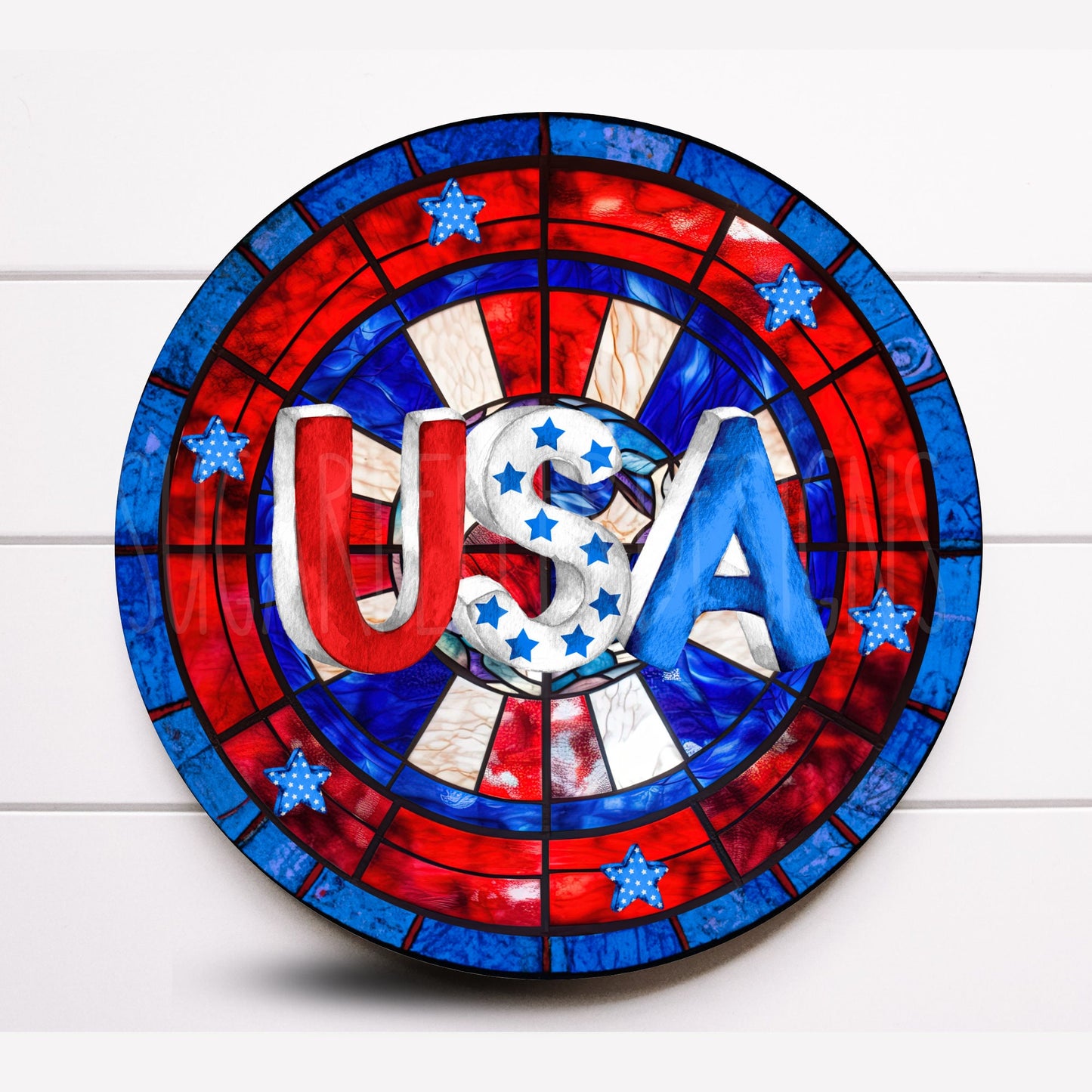 Faux Stained Glass Patriotic USA Round Wreath Sign, 4th of July Wreath Sign, Sugar Pepper Designs, Sign For Wreath, Door Decor