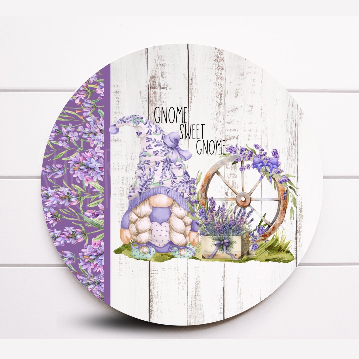 Round Lavender Gnome Wreath Sign, Lavender Wreath Sign, Round Metal Wreath Sign, Rustic Farmhouse Wreath Sign,Sign For Wreath