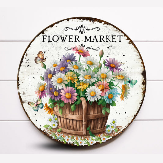 Round Farmhouse Flower Market Wreath Sign, Basket of Flowers Wreath Sign, Round Metal Wreath Sign, Farmhouse Wreath Sign,Sign For Wreath