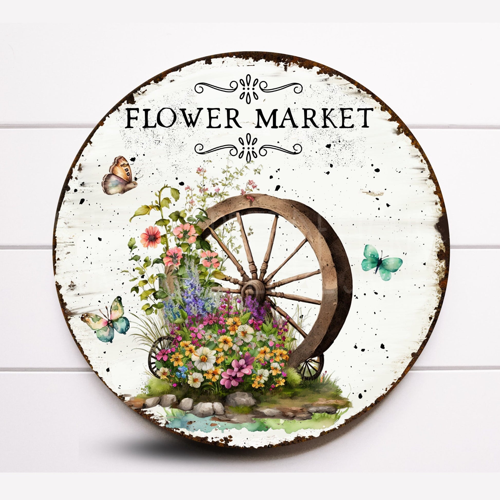 Round Farmhouse Flower Market Wreath Sign, Basket of Flowers Wreath Sign, Round Metal Wreath Sign, Farmhouse Wreath Sign,Sign For Wreath