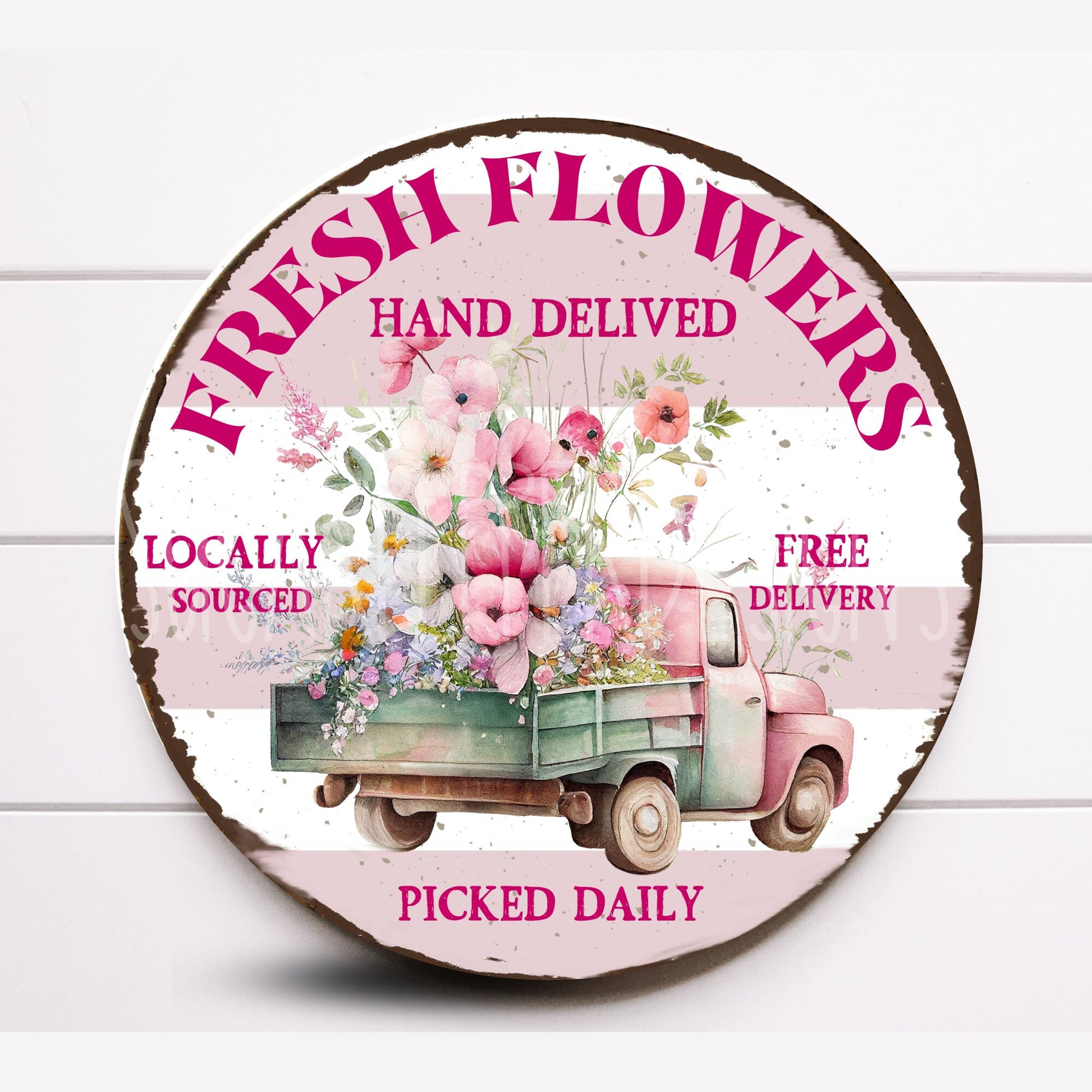 Round Fresh Flowers Pink Truck With Flowers Wreath Sign, Wreath Sign, Round Metal Wreath Sign, Rustic Farmhouse Wreath Sign,Sign For Wreath