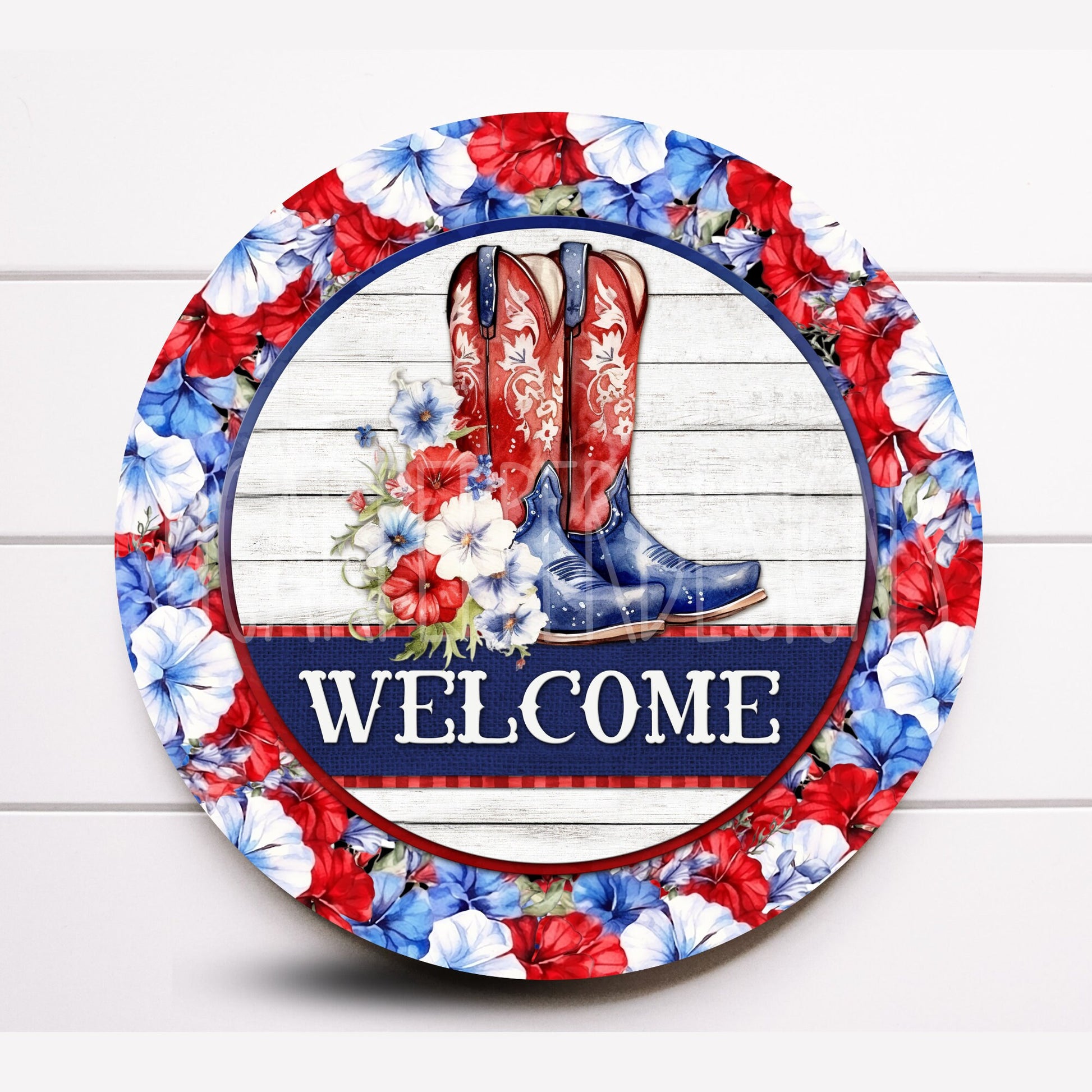 Patriotic Floral Cowboy Boot Welcome Round Wreath Sign, 4th of July Wreath Sign, Sugar Pepper Designs, Sign For Wreath, Door Decor