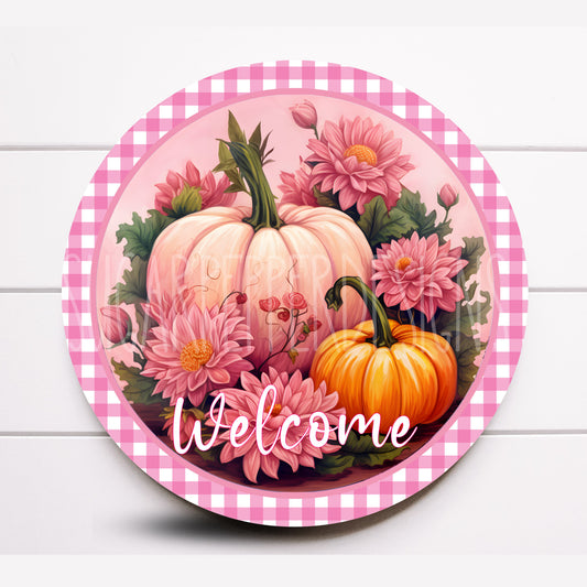 Wreath Sign, Welcome Pink Themed Fall Round Metal Wreath Sign, Pink Pumpkin Wreath Sign, Sugar Pepper Designs, Sign For Wreath