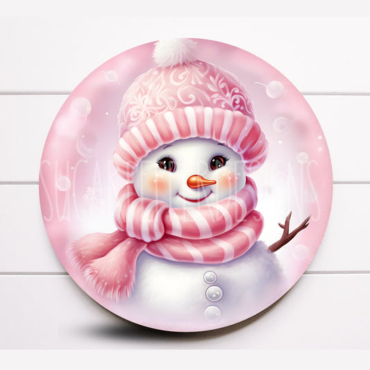 Wreath Sign, Round Pink Snowman Winter Christmas Wreath Sign, Metal Wreath Sign, Sugar Pepper Designs, Sign For Wreath