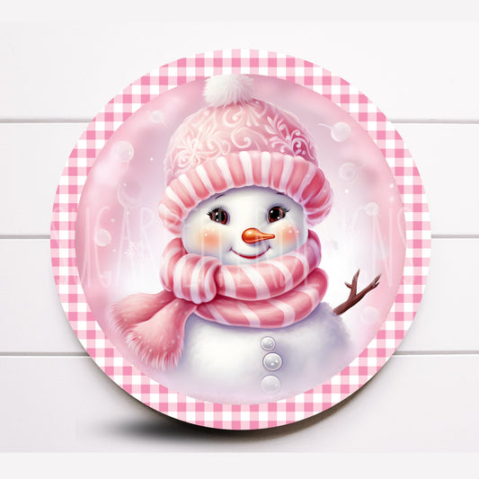 Wreath Sign, Round Pink Snowman Winter Christmas Wreath Sign, Metal Wreath Sign, Sugar Pepper Designs, Sign For Wreath