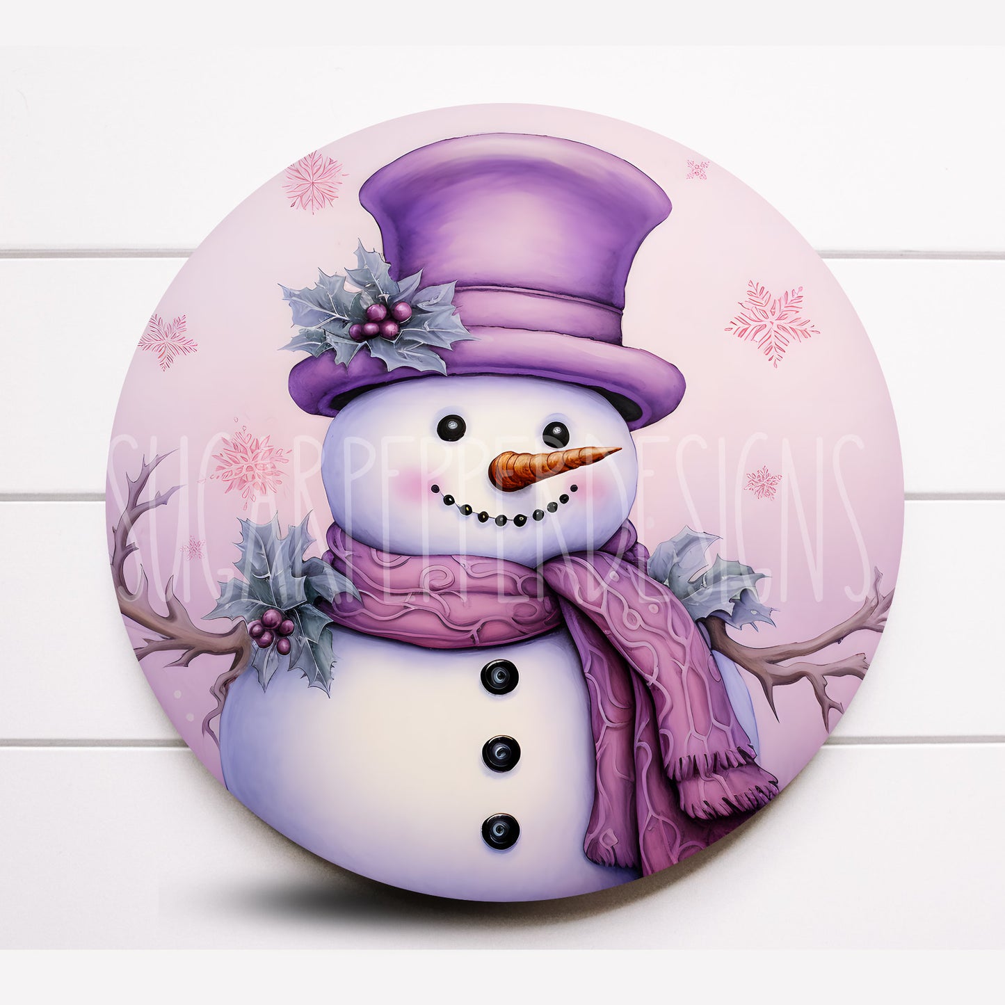 Wreath Sign, Round Purple Snowman Winter Wreath Sign, Metal Wreath Sign, Sugar Pepper Designs, Sign For Wreath