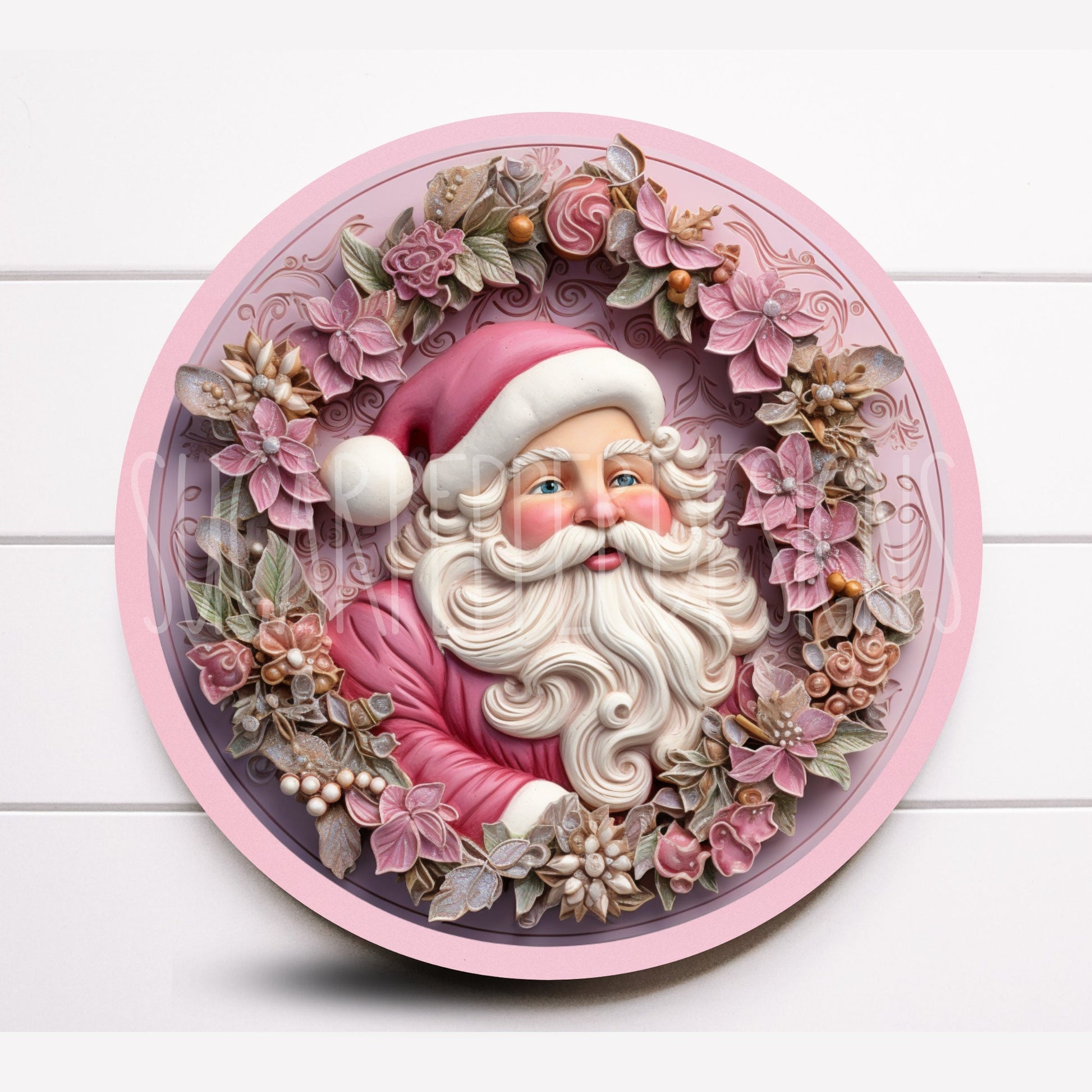 Wreath Sign, Round Pink Retro Santa Claus Christmas Wreath Sign, Metal Wreath Sign, Sugar Pepper Designs, Sign For Wreath